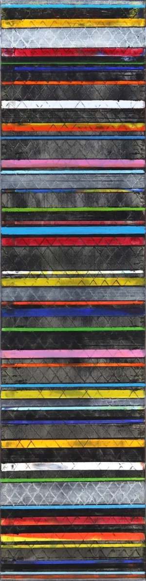 Colorful Tall Original Artwork ''Color Lines in Black'' Contemporary Abstract Oil Painting by Petra Rös-Nickel