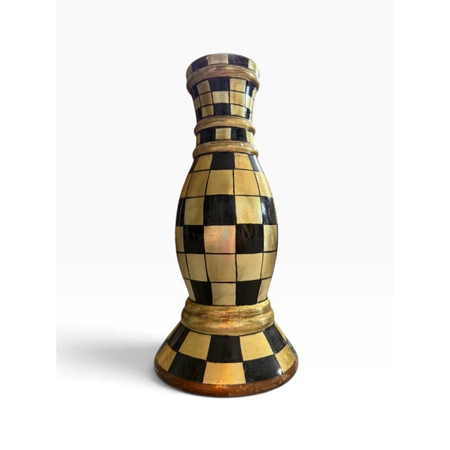 Vintage Black & Gold Checkerboard Candlestick | Hand-Painted Decorative Taper Holder For Sale - Image 4 of 6