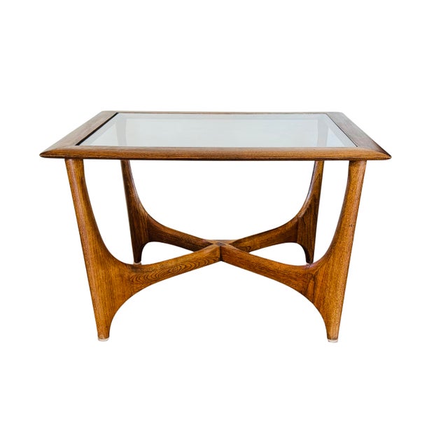 Wood Vintage Lane Silhouette Mid-Century Modern Walnut Side Tables, Pair – Sculptural X-Stretcher Base With Inset Glass Tops For Sale - Image 7 of 12