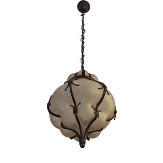 Venetian Murano Blown Frosted Glass Hall Lantern Pendant Light in Iron Frame, Italy, 1960s For Sale