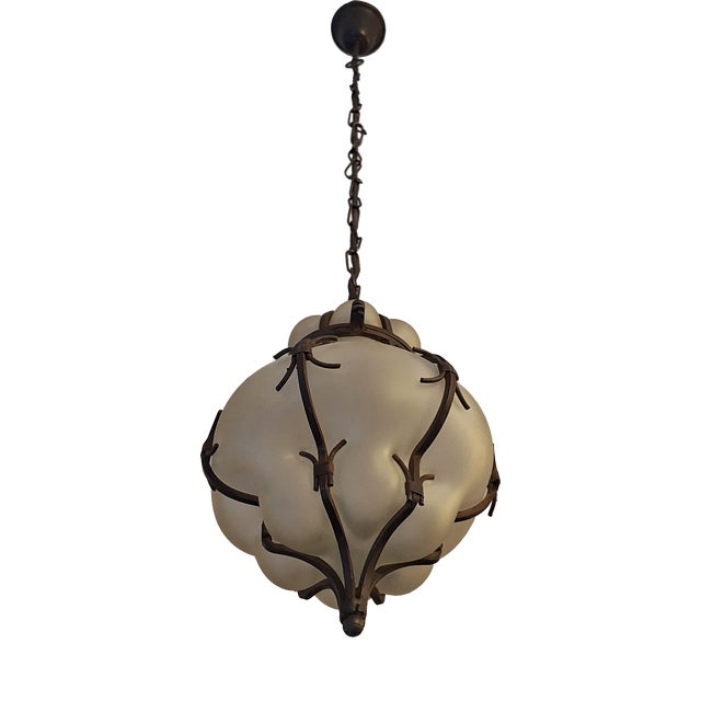 Venetian Murano Blown Frosted Glass Hall Lantern Pendant Light in Iron Frame, Italy, 1960s For Sale