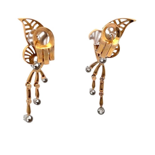 1960s 1960s Mid-Century Two-Tone Gold Diamond Leaf Drop Earrings, A Pair For Sale - Image 5 of 11