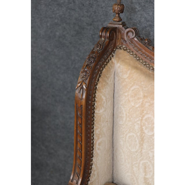 Pair of Antique French Louis XVI Bergère Chairs, Walnut Carved Frames With Down Cushions, Turn of the Century For Sale - Image 14 of 15
