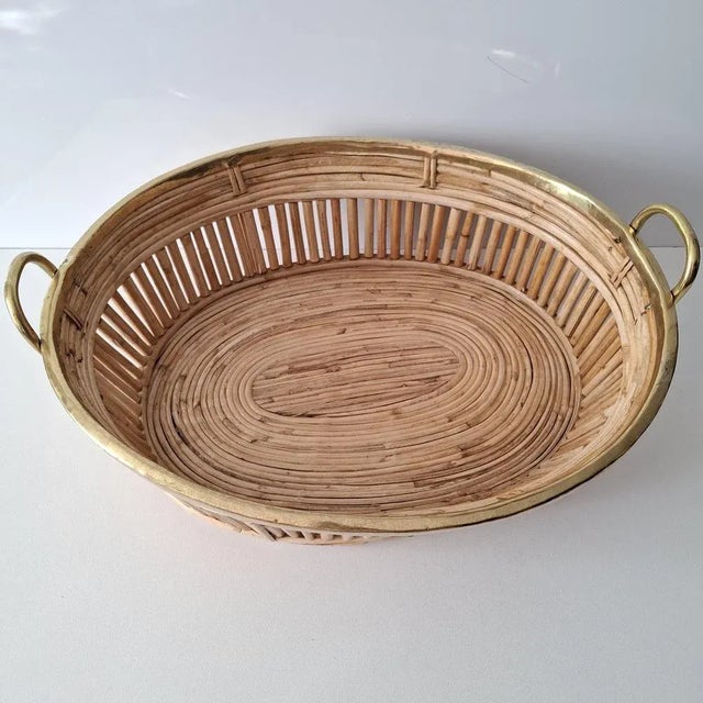 Oval Serving Basket in Rattan and Brass, 1970s For Sale - Image 6 of 13