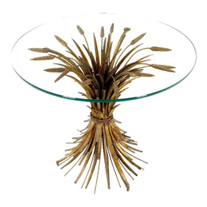 Gold Gild Metal Wheat Sheaf Round Glass Top Side Occasional Table Stand