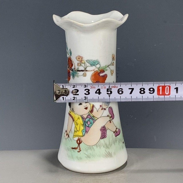 Vintage Famille Rose Porcelain Floral Vase – Boy & Pomegranate Motif, Qianlong Mark For Sale In Los Angeles - Image 6 of 9