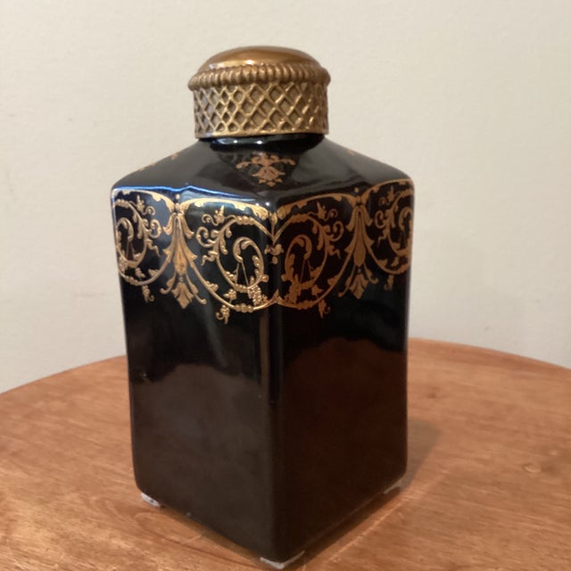 Authentic Dominic Chinese Cobalt Blue Porcelain Lidded Jar 24k Gold Ornament Tea Coffee Container Rare find