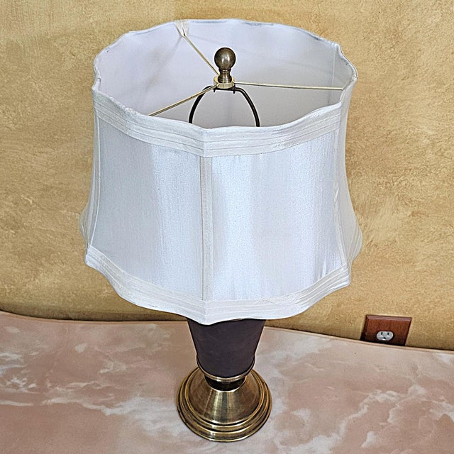 Vintage Brass & Faux Leather Table Lamp With Off‑White Silk Shade — 26.5" For Sale - Image 4 of 18