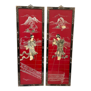 2 Vintage Chinese Red Lacquer Wall Panels