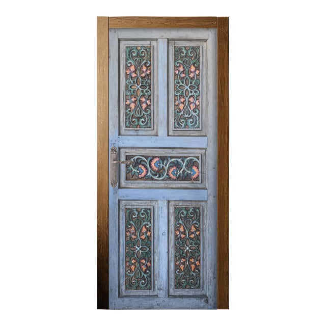 Mediterranean Hand-Carved Door in Distressed Blue With Ornate Floral Panels Custom Size Interior/Exterior For Sale