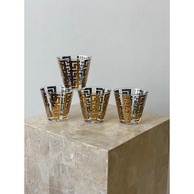 Vintage 22k Gold + Teal Greek Key Motif Double OldFashioned Glassware