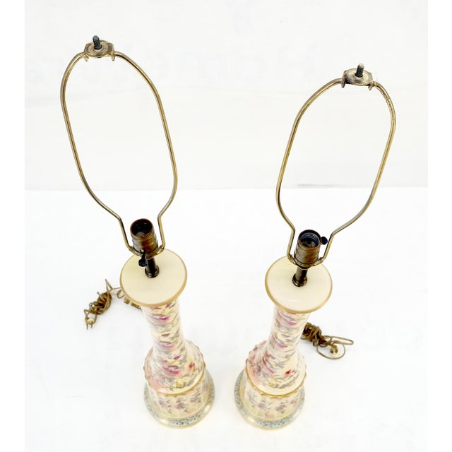 Victorian Pair of 39" Tall Ceramic Hand Painted Round Tower Shape Table Lamps w/ Shades For Sale - Image 3 of 13