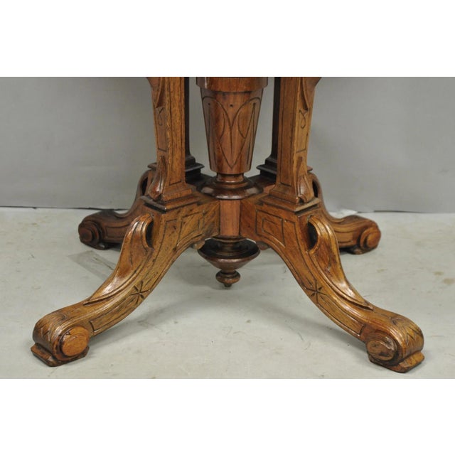 Wood Antique Eastlake Victorian Carved Walnut Marble Top Parlor Lamp Side Table For Sale - Image 7 of 14