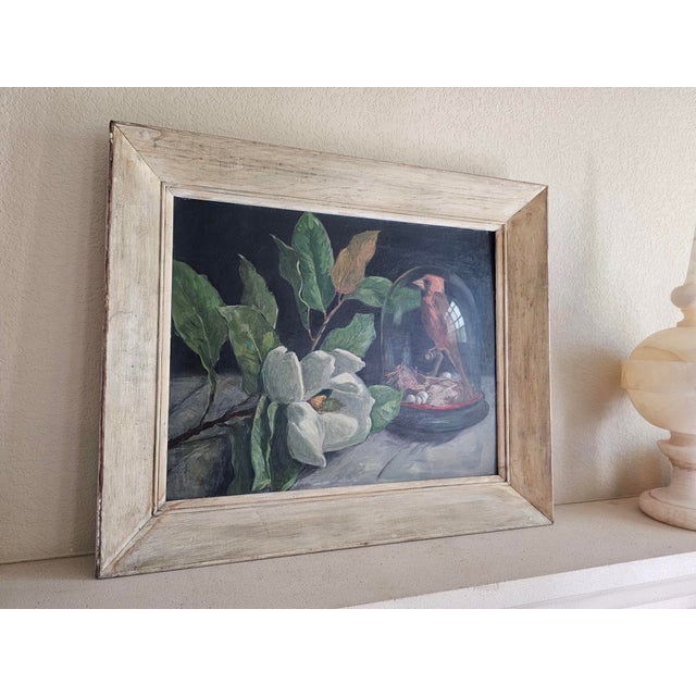 Mid 20th Century Virginia Woolley Original Oil Painting Cardinal Under Glass With Magnolia Framed For Sale - Image 11 of 12