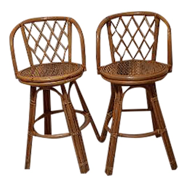 1980s Bamboo Wicker Rattan Swivel Barstool Beige Set of 2 For Sale