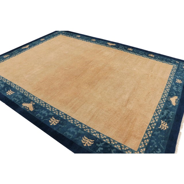 Rug & Kilim Antique Chinese Peking Rug With Beige Open Field & Blue Border From Rug & Kilim For Sale - Image 4 of 8