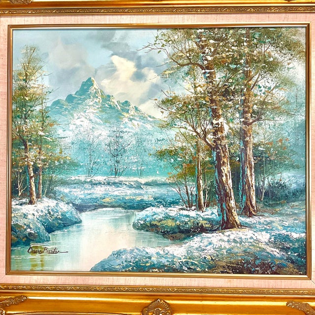 Hollywood Regency 1982 Vintage Impressionist Original Oil Painting, Snowy Winter Creek Landscape, Framed. For Sale - Image 3 of 11