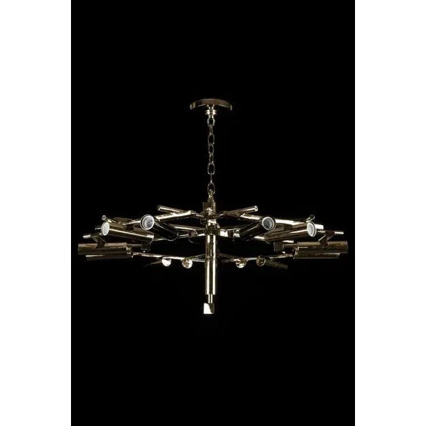 Moderne style chandelier, shown in PATINATED FINISH.
