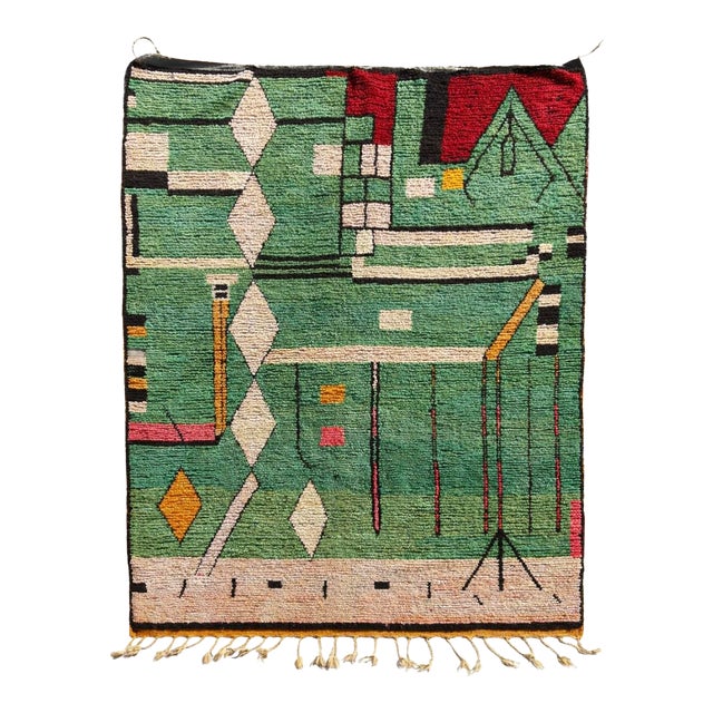 Authentic Green Moroccan Berber Wool Rug For Sale