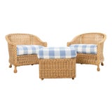 Pair of McGuire Rattan Wicker Lounge Chairs and Ottoman For Sale