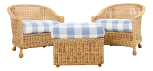 Pair of McGuire Rattan Wicker Lounge Chairs and Ottoman