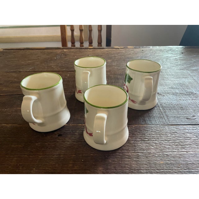 Shabby Chic Vintage La Pottery by n.s. Guston Co. Christmas Holly Mugs- Set of 4 For Sale - Image 3 of 5