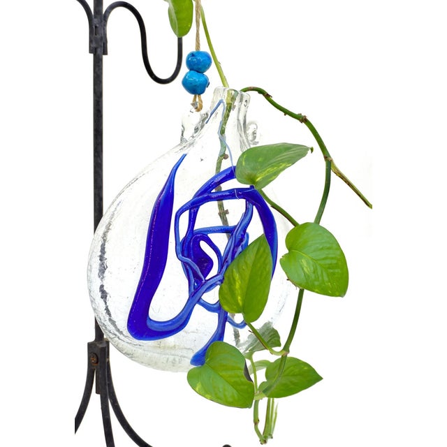 Vintage Large Jug Style Blown Art Glass Hanging Rooting Vase in Crackle