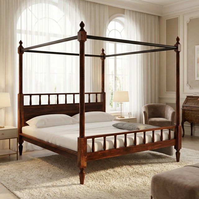 Not Yet Made - Made To Order Handcrafted Solid Mango Queen Size Four Poster Bed in Teak Finish | Traditional Colonial Style Wooden Canopy Bed | Bedroom Furniture From India For Sale - Image 5 of 5