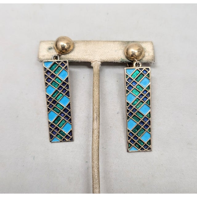 Mid-Century Modern Vintage 1960s Signed Boucher Green & Blue Enamel Pendant Clip Earrings-2 Pieces For Sale - Image 3 of 7