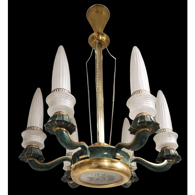 Mid-Century Modern Mid 20th Century Frosted Glass and Bronze Six Arm Chandelier Attrib to Maison Baguès For Sale - Image 3 of 12