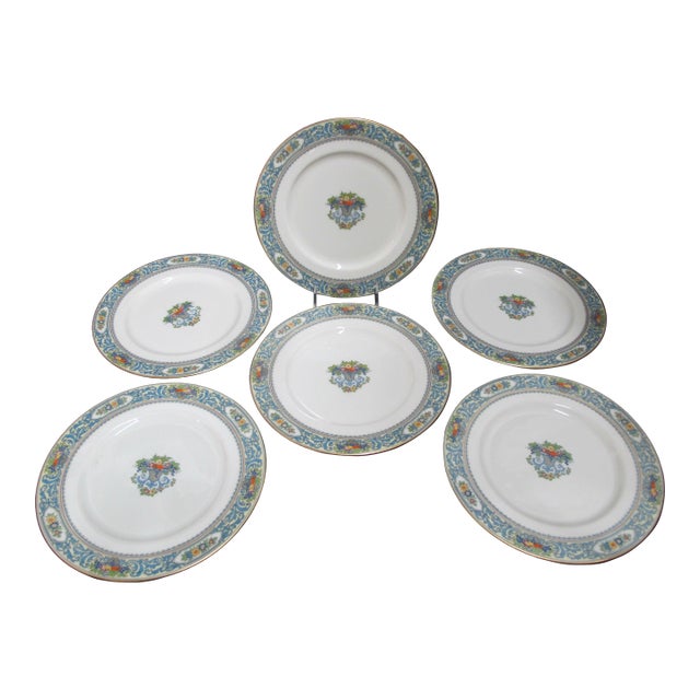 Early 20th Century Lenox China Autumn Flower & Fruit Basket 10 1/2" Dinner Plate Set of 6 For Sale