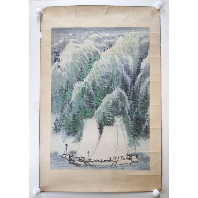 Early 20th Century Chinese Watercolor Ships and Mountains Seascape Watercolor Painting For Sale - Image 4 of 4