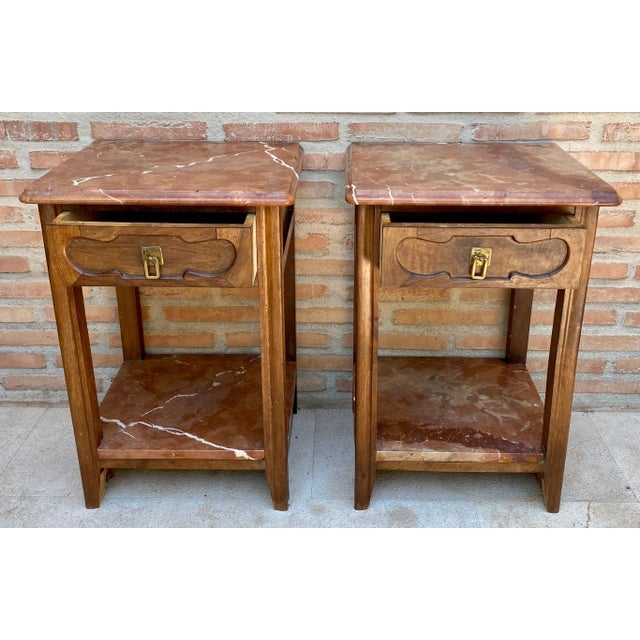 Brown Early 20th Century Walnut Nightstands with Marble, 1940s, Set of 2 For Sale - Image 8 of 18