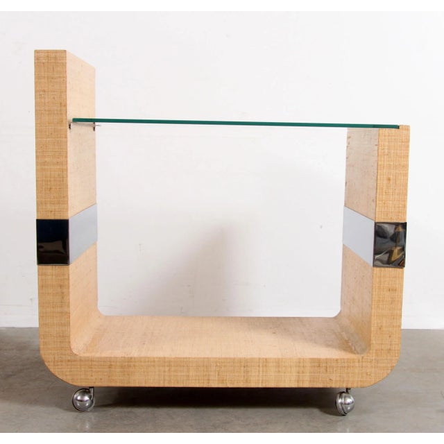 Mid-Century Modern Mid Century Modern Lacquered Grasscloth & Chrome Bar Cart After Karl Springer For Sale - Image 3 of 13