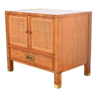 Baker Furniture Mid-Century Campaign Walnut, Cane, and Brass Nightstand, 1960s For Sale