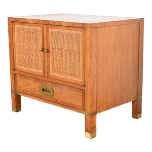 Baker Furniture Mid-Century Campaign Walnut, Cane, and Brass Nightstand, 1960s