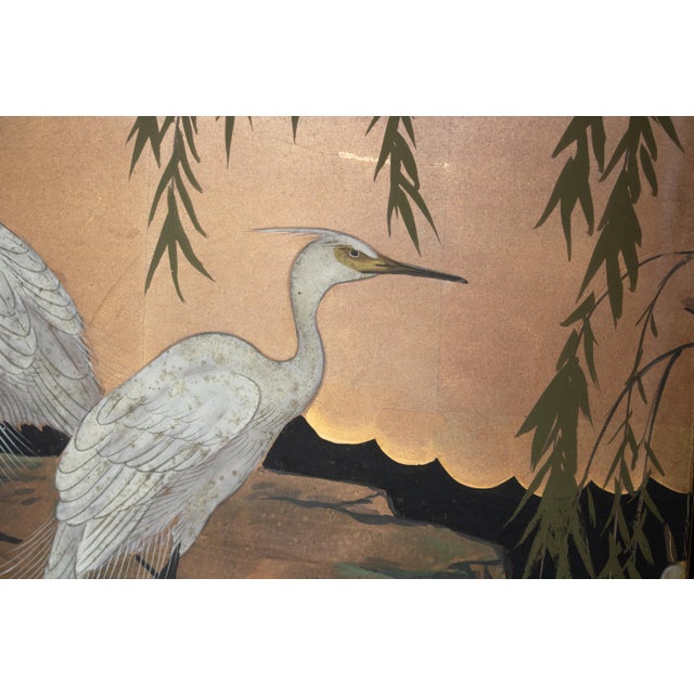 Wood "Willow and White Herons" by Yukiga, 1970s Showa Era Japanese Painted Byobu Screen For Sale - Image 7 of 18