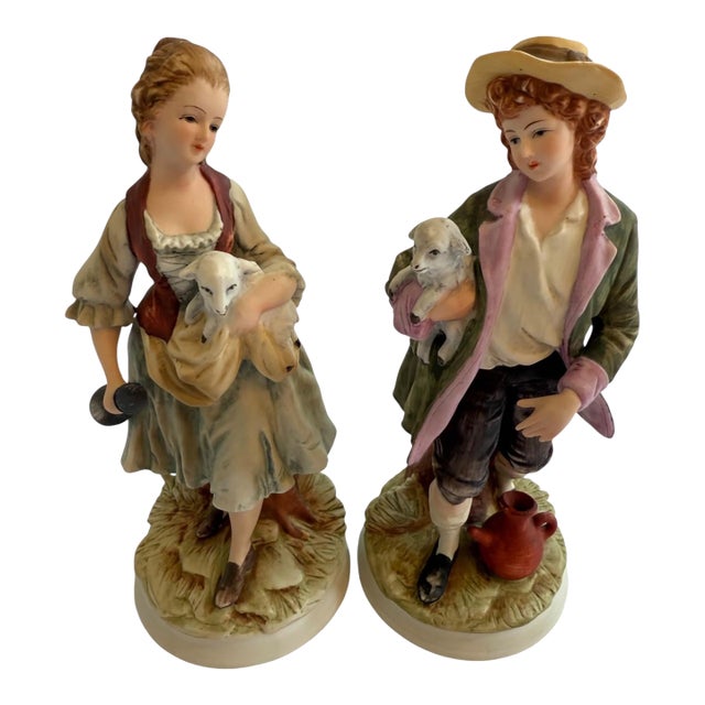 Late 20th Century Girl and Boy Holding Sheep 8259 by Andrea by Sadek - Set of 2 For Sale