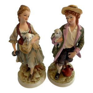 Late 20th Century Girl and Boy Holding Sheep 8259 by Andrea by Sadek - Set of 2