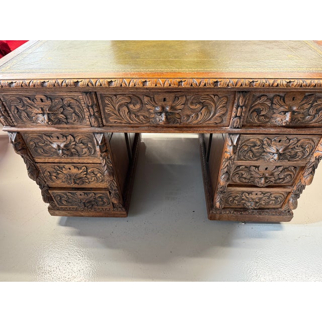 Antique Carved Oak Desk with Lion Handles, 1890s For Sale - Image 12 of 13