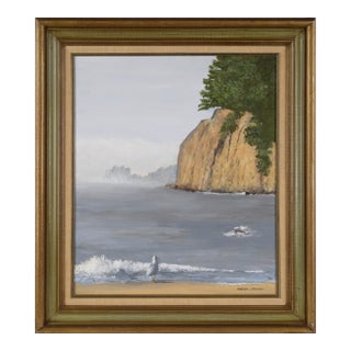 "Sea Cliff" Mid Century Modern Coastal Cliff Seascape in Acrylic on Masonite by Farren Jensen For Sale