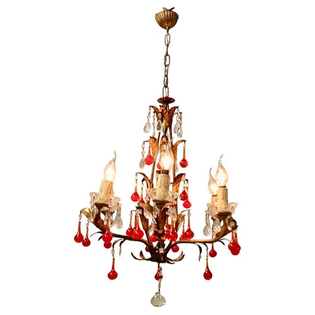 Large French Chandelier with Lipstick Red Teardrops, 1950 For Sale - Image 9 of 9