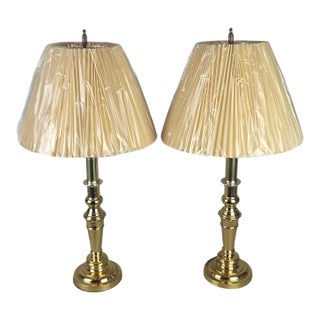 Pair of Vintage Solid Brass Candlestick Table Lamps With Knife-Pleated Shades For Sale