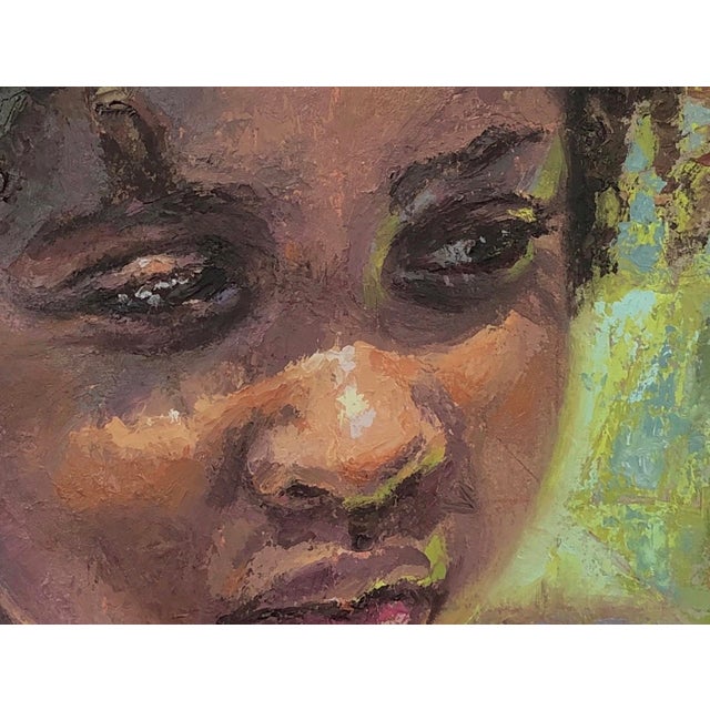 Skeptic by Lisa Fricker | Oil on Cradled Wood Panel Portrait of a young girl with curly hair For Sale - Image 4 of 4
