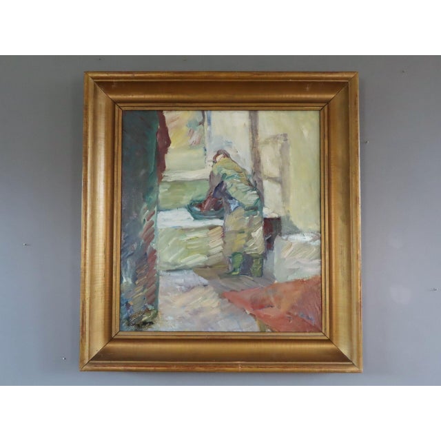 FIGURE BY THE WINDOW Size: 28.2 x 26.4 inches (including frame) Oil on canvas An intimate mid-century figurative painting...