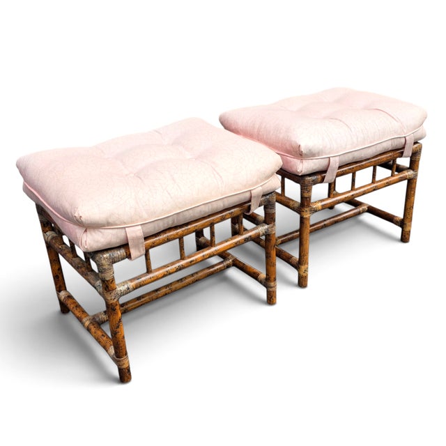 Pair of Mid-Century Hollywood Regency Faux Bamboo Benches With Tufted Cushions For Sale - Image 4 of 10