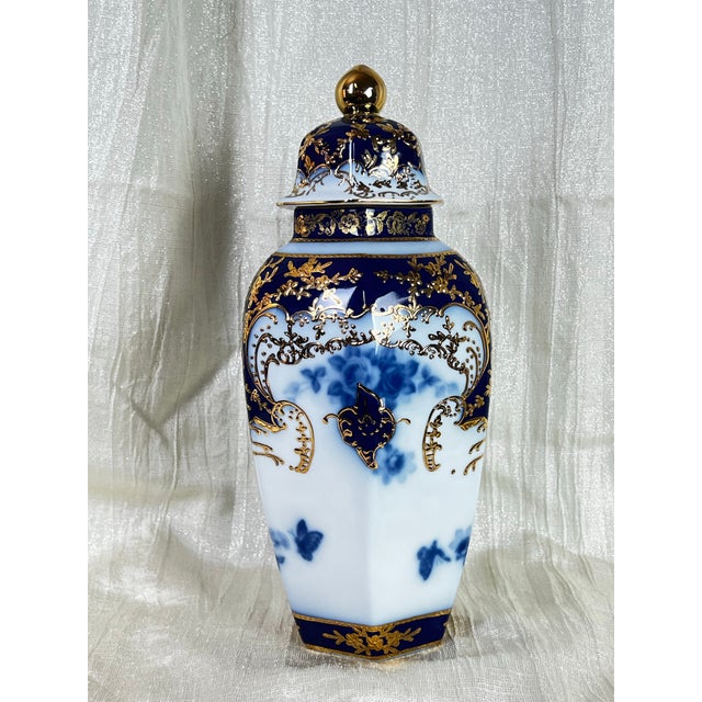 Late 20th Century Late 20th Century Cobalt Blue & Gilt French Limoges Hand-Painted Porcelain Ginger Jar Urn With Lid For Sale - Image 5 of 12