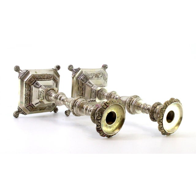 Silver Candlesticks with Turned and Engraved Stems and Claw-Shaped Feet, Set of 2 For Sale - Image 5 of 7