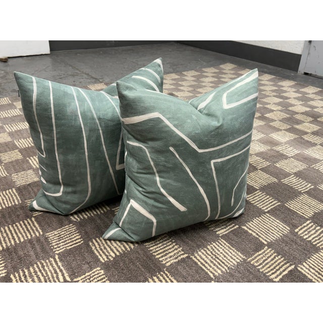 Abstract Kelly Wearstler Graffito Denim Linen Pillows, Pair For Sale - Image 3 of 12