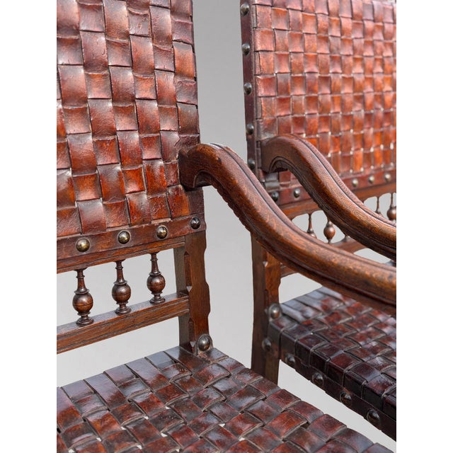 Oak and Woven Leather Armchairs, 1880s, Set of 2 For Sale - Image 6 of 13